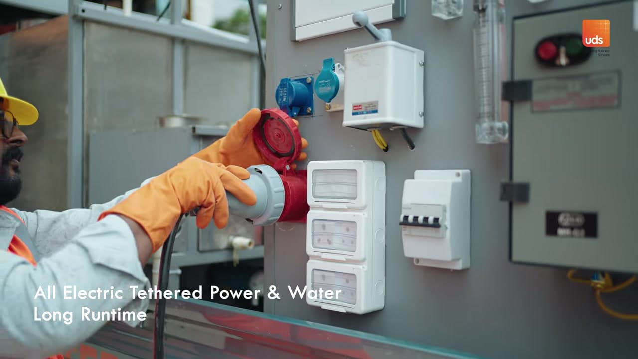 Drone cleaning system with tethered power